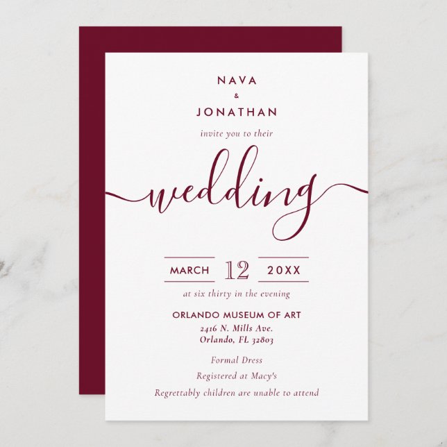 Burgundy Minimalist Modern Script Wedding Invitation (Front/Back)