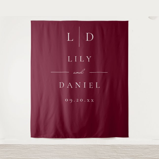 Burgundy Minimalist Monogram Wedding Backdrop Tapestry (Front)