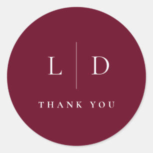 Burgundy Minimalist Monogram Wedding Favour Classic Round Sticker