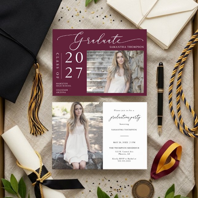 Burgundy Minimalist Script School Graduate Photo Invitation (Creator Uploaded)