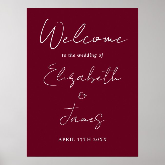 Burgundy Minimalist Script Wedding Welcome Sign (Front)