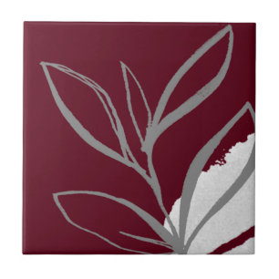 Burgundy Minimalist Watercolor Leaves Ceramic Tile
