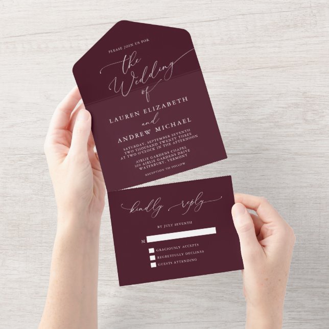 Burgundy Minimalist Wedding All In One Invitation (Tearaway)
