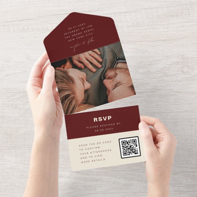 Burgundy Minimalist Wedding Photo QR Code RSVP All In One Invitation (Tearaway)