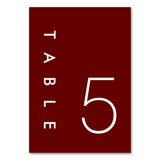 Burgundy Minimalist Wedding Table Numbers Card (Front)