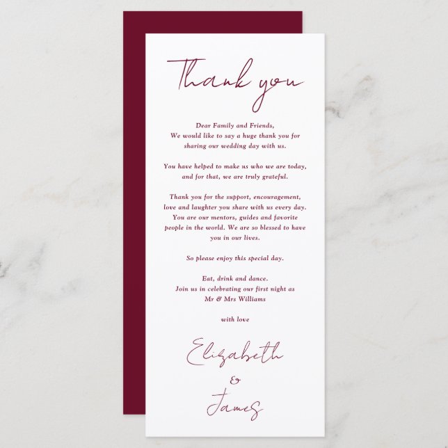 Burgundy Minimalist Wedding Thank You Place Card (Front/Back)
