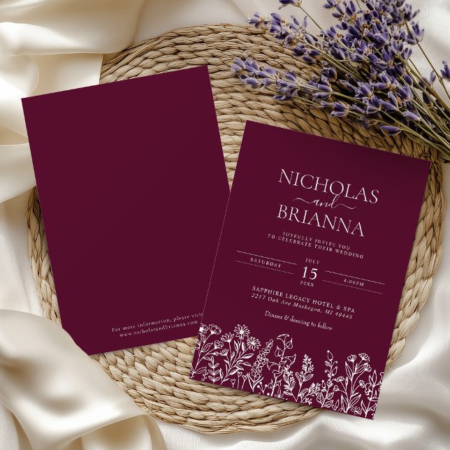 Burgundy Minimalist Wildflower Wedding Monogram  Invitation (Creator Uploaded)