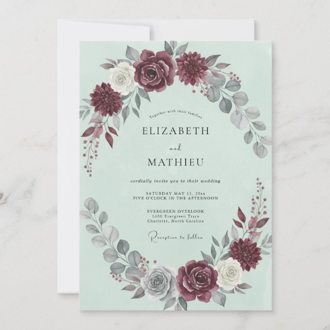 Burgundy Mint Graceful Winter Wedding Invitation (Front)