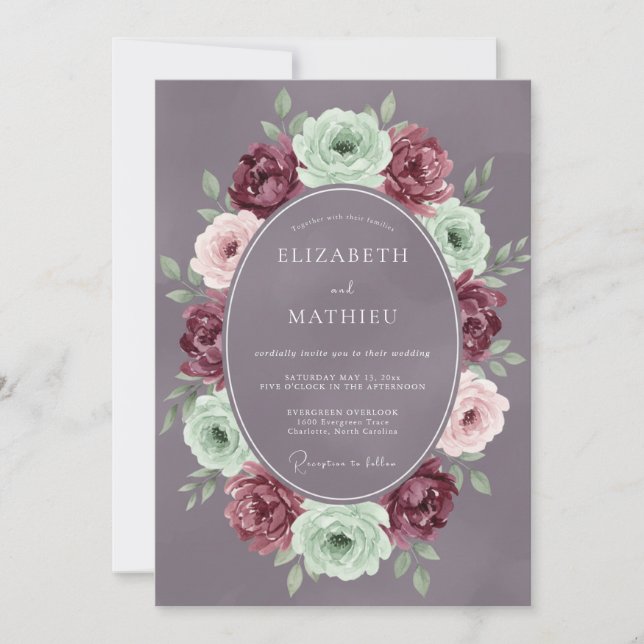 Burgundy Mint Romantic Bloom Wedding Invitation (Front)