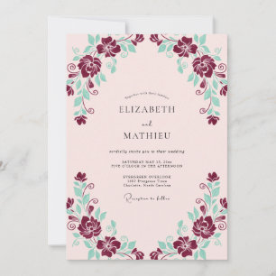 Burgundy Mint Romantic Floral Wedding Invitation