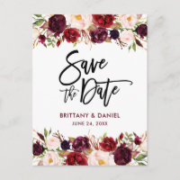 Burgundy Modern Brush Script Save the Date Floral