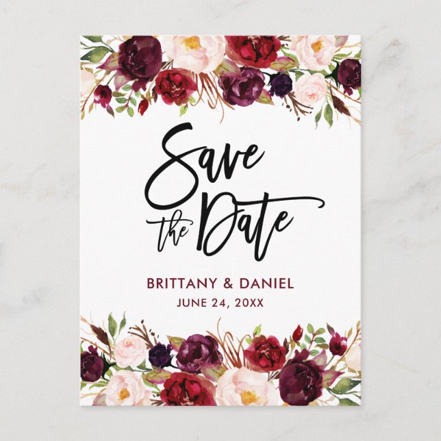 Burgundy Modern Brush Script Save the Date Floral Announcement Postcard (Front)