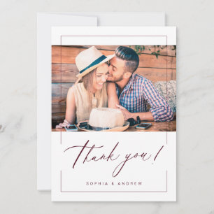 Burgundy modern elegant script photo wedding thank you card