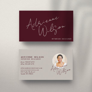 Burgundy Modern Elegant Signature Minimalist Photo Business Card