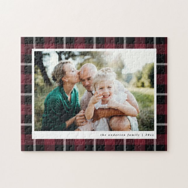 Burgundy modern family photo rustic tartan check jigsaw puzzle (Horizontal)
