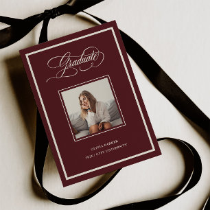 Burgundy Modern Frame Photo Elegant Script Grad Announcement