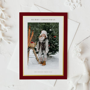 Burgundy Modern Gold Foil Frame Photo Christmas Holiday Postcard