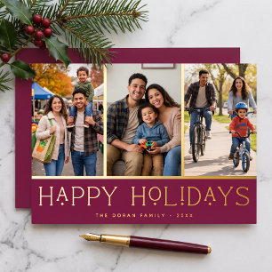 Burgundy Modern Happy Holidays Photo Collage Foil Holiday Card