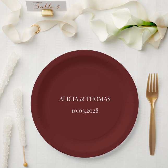 Burgundy Modern Initials Minimalist Wedding  Paper Plate (Wedding)