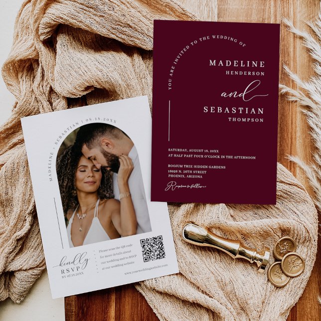 Burgundy Modern Minimal Arch Photo QR Code Wedding Invitation (Creator Uploaded)