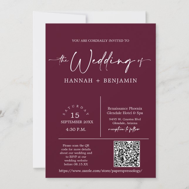 Burgundy Modern Minimal Wedding Arch QR Code Photo Invitation (Front)