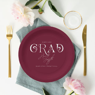 Burgundy Modern Minimalist   Graduation Party Paper Plate