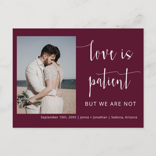 Burgundy Modern Minimalist Script Photo Elopement Postcard (Front)