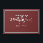 Burgundy Modern Monogram Name Cute Wedding Welcome Doormat<br><div class="desc">Burgundy Modern Monogram Script Name Cute Wedding Welcome Doormat. Personalised grey monogram with bride and groom last name and date established on a burgundy background. Makes a unique sweet gift for newlyweds. Perfect for their new life together. Click personalise this template to customise it quickly and easily. Ships Worldwide fast....</div>