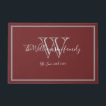 Burgundy Modern Monogram Name Cute Wedding Welcome Doormat<br><div class="desc">Burgundy Modern Monogram Script Name Cute Wedding Welcome Doormat. Personalised grey monogram with bride and groom last name and date established on a burgundy background. Makes a unique sweet gift for newlyweds. Perfect for their new life together. Click personalise this template to customise it quickly and easily. Ships Worldwide fast....</div>