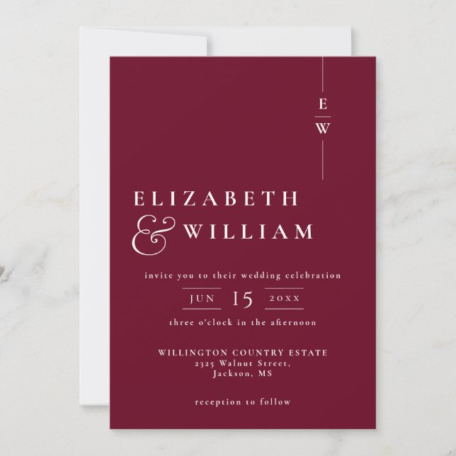 Burgundy Modern Monogram Wedding QR Code Invitation (Front)