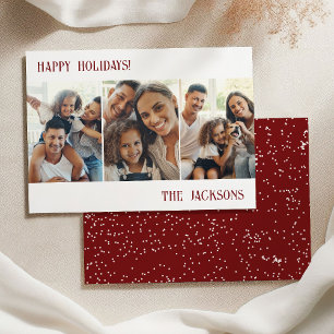 Burgundy Modern Photo Collage Holiday Card & Snow