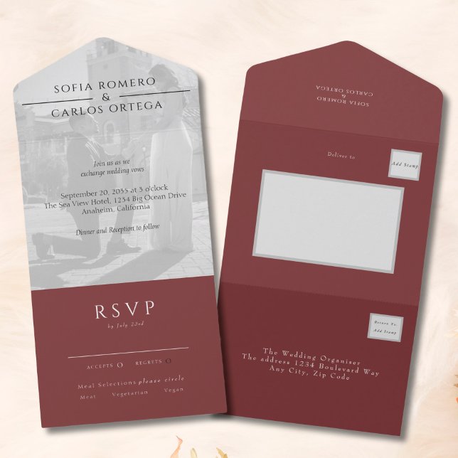 Burgundy Modern Photo Wedding All In One Invitation (Creator Uploaded)