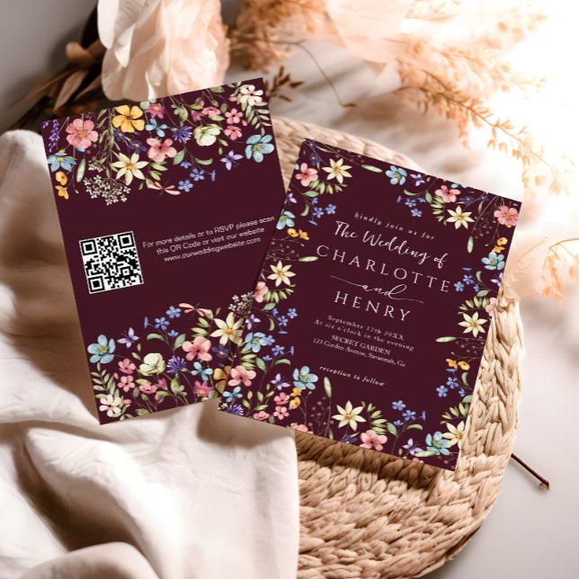 Burgundy Modern QR Code Wildflower Wedding  Invitation (Creator Uploaded)