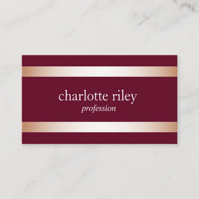 Burgundy | Modern Rose Gold Stripes Stylish Business Card (Front)