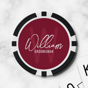 Burgundy Modern Script Personalised Groomsmen Poker Chips