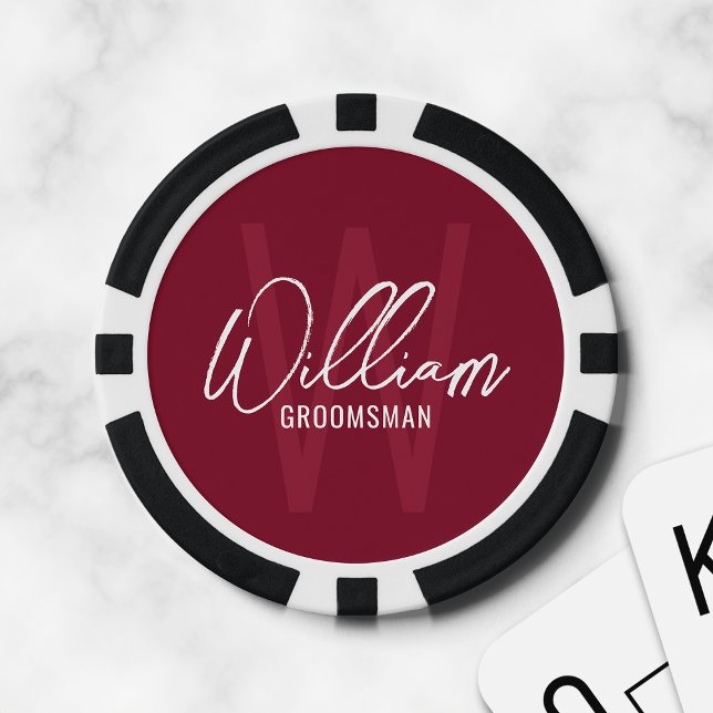 Burgundy Modern Script Personalised Groomsmen Poker Chips (Creator Uploaded)