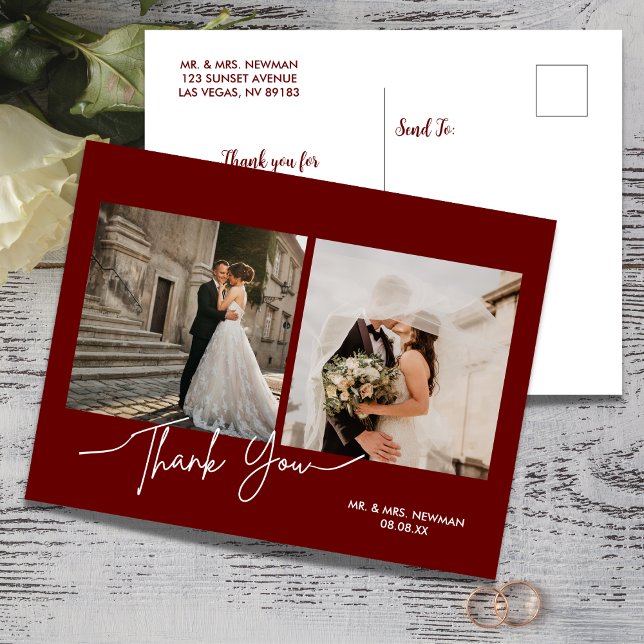 Burgundy Modern Script Photo Wedding Thank You Postcard (Creator Uploaded)