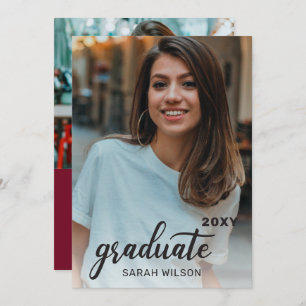 Burgundy Modern Script Two Photos Graduation Invitation