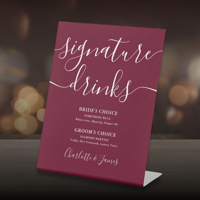 Burgundy Modern Script Wedding Signature Drinks Pedestal Sign (Burgundy Modern Script Wedding Signature Drinks Pedestal Sign)
