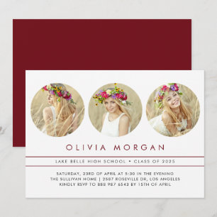 Burgundy Modern Three Photo Collage Graduation Invitation