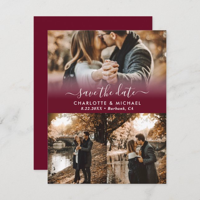 Burgundy Modern Wedding Photo Save The Date Cards (Front/Back)