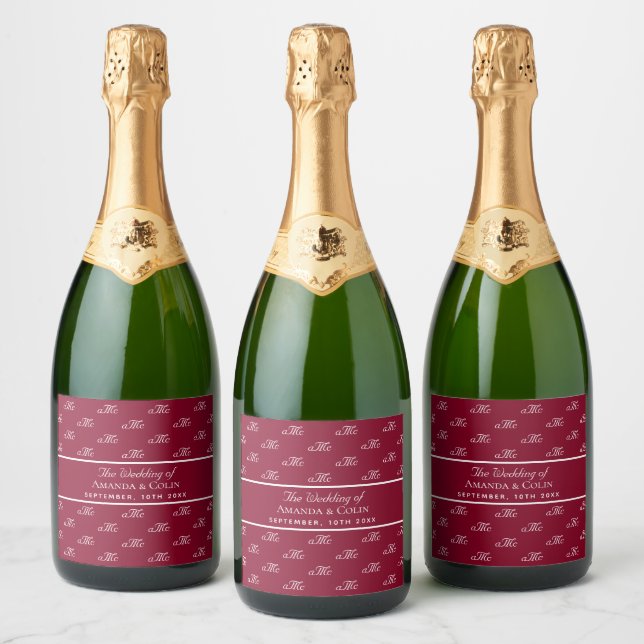 Burgundy monogram couple initials wedding sparkling wine label (Bottles)