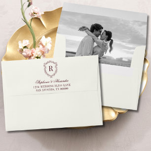 Burgundy Monogram Crest Old Money Photo Wedding Envelope