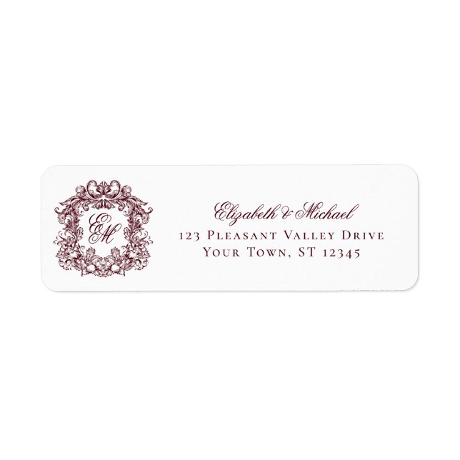 Burgundy Monogram Crest Wedding Return Address Label (Front)