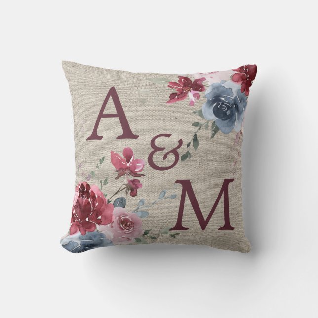 Burgundy Monogram Dusty Rose Blue Floral Linen Cushion (Front)