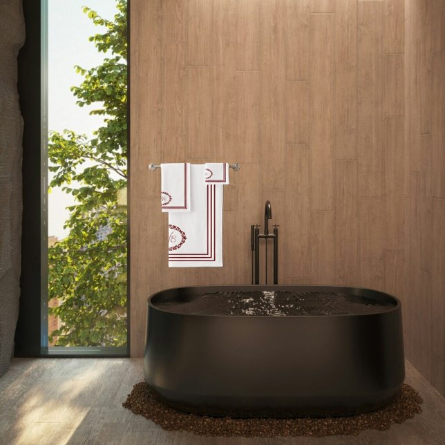 Burgundy Monogram in Floral Ovals with Rectangles Bath Towel Set (Creator Uploaded)