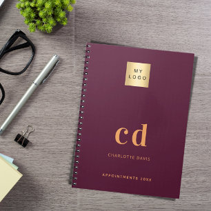 Burgundy monogram initials business logo notebook
