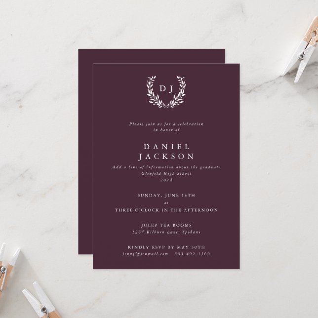 Burgundy Monogram Laurel Wreath Graduation Invitation (Front/Back In Situ)