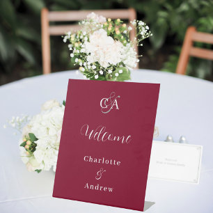 Burgundy monogram modern simple wedding welcome pedestal sign