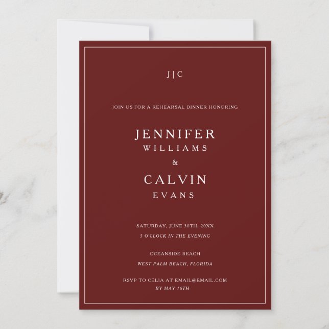 Burgundy Monogram Rehearsal Dinner Invitation (Front)